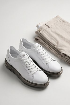 2274-Zanelle Hakiki Full Duble Deri Üst Kalite Premıum Erkek Sneaker Ayakkabı - NKT02274-BEYAZ-43