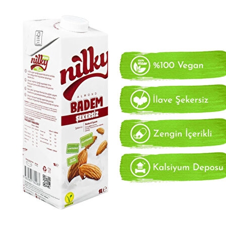 Nilky Şekersiz Badem Sütü Glütensiz Bitkisel Bazlı Laktosuz Vegan 4x1 lt