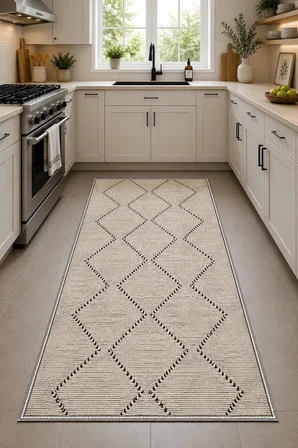 Norella Home İskandinav Geometrik Desenli Halısı Krem Siyah 60 x 90 cm Yıkanabilir Kaymaz Taban