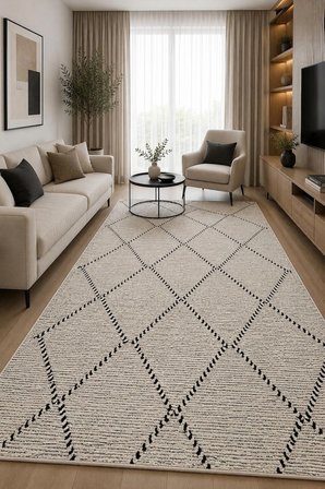Norella Home Halı İskandinav Geometrik Krem Siyah 200x300 cm Yıkanabilir Kaymaz Taban