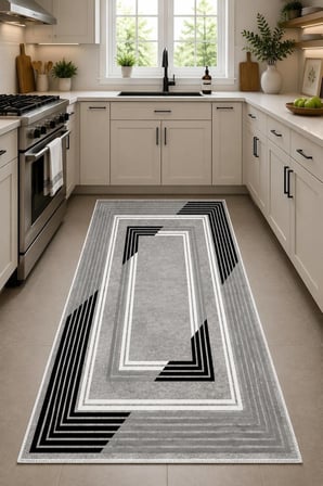 Norella Home Modern Geometrik Çerçeve Desenli Kaymaz Taban Yıkanabilir Halı Gri Siyah Beyaz 120 x 180 cm Polyester Dijital Baskı Salon Mutfak Koridor Halısı