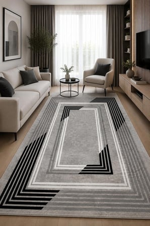 Norella Home Modern Geometrik Çerçeve Desenli Halı 200x300 cm Yıkanabilir Kaymaz Tabanlı Polyester Dijital Baskı Gri Siyah