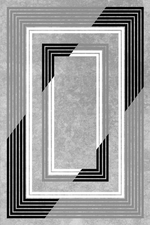 Norella Home Modern Geometrik Çerçeve Desenli Halı 200x300 cm Yıkanabilir Kaymaz Tabanlı Polyester Dijital Baskı Gri Siyah