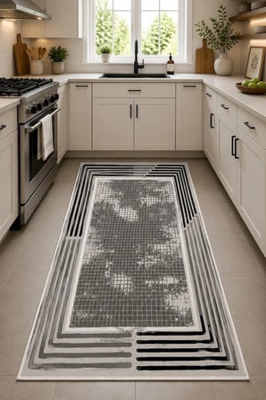 Norella Home Modern Geometrik Desenli Halı Gri Siyah 60x90 cm Yıkanabilir Kaymaz Taban Dijital Baskı