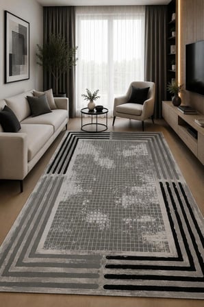 Norella Home Halı Modern Geometrik Gri Siyah 100 x 300 cm Kaymaz Tabanlı Yıkanabilir