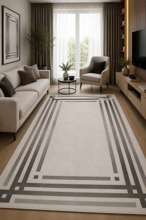 Norella Home Modern Çerçeve Desenli Gri Dijital Baskı Polyester Salon Halısı 100 x 300 cm Yıkanabilir Kaymaz Tabanlı