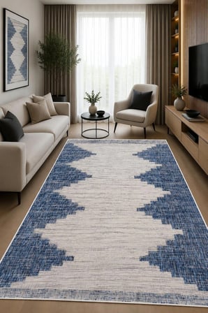 Norella Home Etnik Desenli Mavi Halı 200x300 cm Polyester Dijital Baskı Yıkanabilir Kaymaz Taban