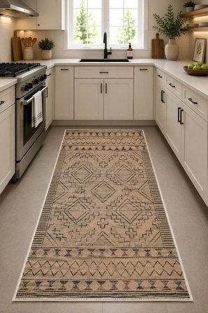 Norella Home Etnik Desenli Naturel Bej Halı 60x90 cm Kaymaz Taban Yıkanabilir Dijital Baskı