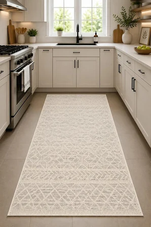 Norella Home Bohem Dokulu Halı 60x90 cm Krem Bej Dijital Baskı Kaymaz Taban Yıkanabilir Salon Mutfak Koridor Antre Dekoratif
