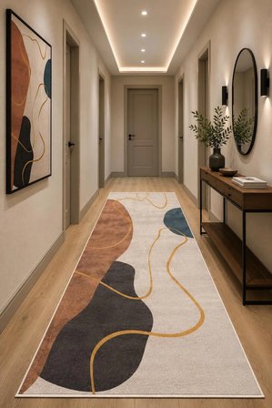NORELLA HOME Halısı Modern Soyut Desenli Bej Antrasit Polyester 200x300 cm Makinede Yıkanabilir Kaymaz Tabanlı