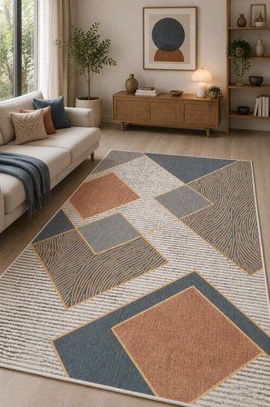 Norella Home Modern Geometrik Halı Bej Mavi 200x300 cm Kaymaz Taban Yıkanabilir Dekoratif Halı