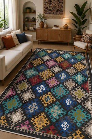 Norella Home Etnik Desenli Halı Çok Renkli 200x300 cm Kaymaz Taban Yıkanabilir Dijital Baskı Polyester