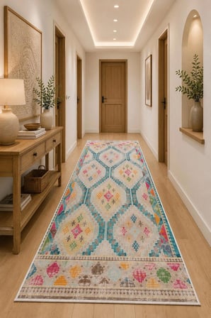 Norella Home Etnik Bohem Renkli Halı 100 x 300 cm Yıkanabilir Kaymaz Taban Dijital Baskı