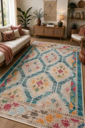 Norella Home Etnik Desenli Dekoratif Halı 120 x 180 cm Çok Renkli Kaymaz Taban Yıkanabilir