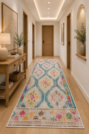 Norella Home Etnik Çok Renkli Halı 200x300 cm Kaymaz Taban Yıkanabilir Dekoratif Bohem