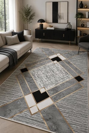 Norella Home Halı Geometrik Modern Gri Siyah 200x300 cm Dijital Baskı Yıkanabilir