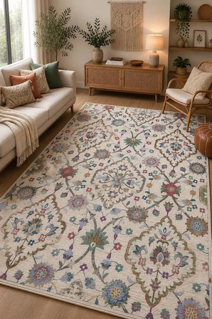 Norella Home Çiçek Desenli Etnik Bohem Halı 200x300 cm Kaymaz Taban Makinede Yıkanabilir