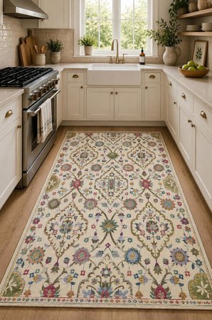 Norella Home Çiçek Desenli Etnik Bohem Halı 200x300 cm Kaymaz Taban Makinede Yıkanabilir