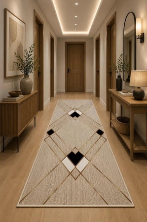 Norella Home Modern Geometrik Bej Gold Halı 120x180 cm Dijital Baskı Yıkanabilir Kaymaz Taban