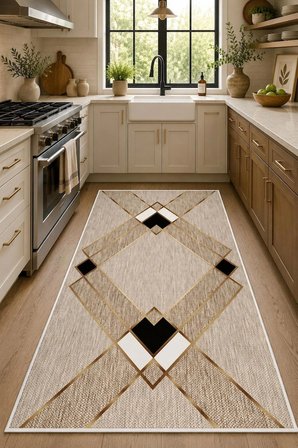 Norella Home Modern Geometrik Desenli Halı Bej Gold 200x300 cm Yıkanabilir Kaymaz Taban