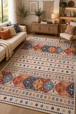 Norella Home Renkli Etnik Desenli Halı 120 x 180 cm Kaymaz Taban Makinede Yıkanabilir