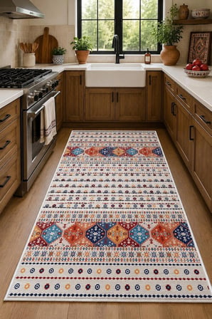 Norella Home Renkli Etnik Desenli Halı 120 x 180 cm Kaymaz Taban Makinede Yıkanabilir