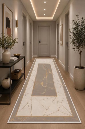 Norella Home 120x180 cm Modern Geometrik Çerçeve Desenli Halı Bej Vizon Altın Yıkanabilir Kaymaz Tabanlı