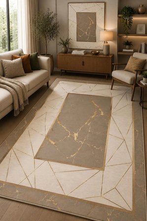 Norella Home Modern Geometrik Halı Bej Vizon Altın 200x300 cm Kaymaz Taban Yıkanabilir