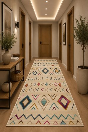 Norella Home Halı Etnik Desenli Çok Renkli 100 x 300 cm Polyester Kaymaz Tabanlı Yıkanabilir Dijital Baskı Halı
