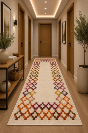 Norella Home Renkli Etnik Desenli Halı 100x300 cm Kaymaz Tabanlı Makinede Yıkanabilir Salon Koridor Antre Halısı Dijital Baskı Polyester