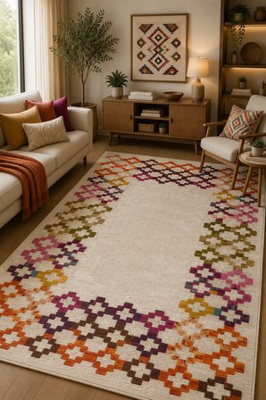 Norella Home Etnik Desenli Halı 200x300 cm Çok Renkli Kaymaz Tabanlı Yıkanabilir