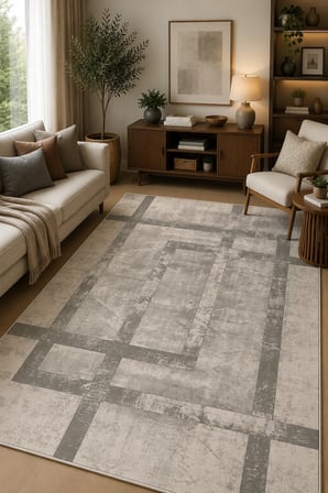 Norella Home Modern Geometrik Halı Bej Gri 120x180 cm Polyester Makinede Yıkanabilir Kaymaz Tabanlı