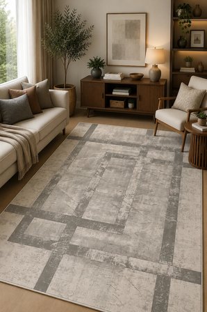 Norella Home Modern Geometrik Halı 200x300 cm Gri Bej Yıkanabilir Kaymaz Taban