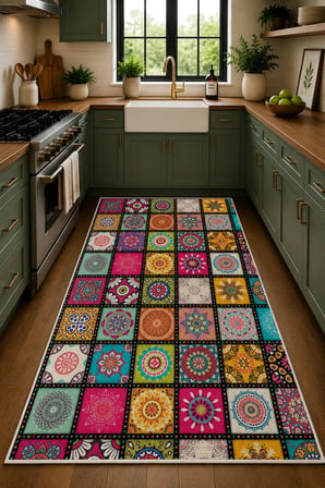 Norella Home Renkli Mandala Desenli Kaymaz Taban Halı Salon Halısı Koridor Halısı Antre Halısı Dekoratif Etnik Patchwork 100 x 300 cm