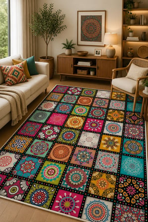 Norella Home Çok Renkli Mandala Desenli Dijital Baskı Halı 120x180 cm Polyester Etnik Patchwork Kaymaz Tabanlı Yıkanabilir