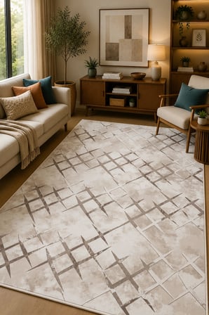 Norella Home Modern Geometrik Desenli Dekoratif Halı Bej Vizon 100x300 cm Makinede Yıkanabilir Kaymaz Tabanlı