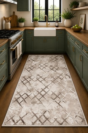 Norella Home Modern Geometrik Desenli Dekoratif Halı Bej Vizon 100x300 cm Makinede Yıkanabilir Kaymaz Tabanlı
