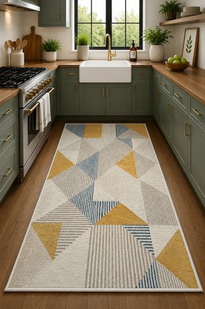 Modern Geometrik Desenli Kaymaz Taban Yıkanabilir Halı Salon Halısı Koridor Halısı Antre Halısı Hardal Mavi Dekoratif Halı İskandinav Tasarım Halı