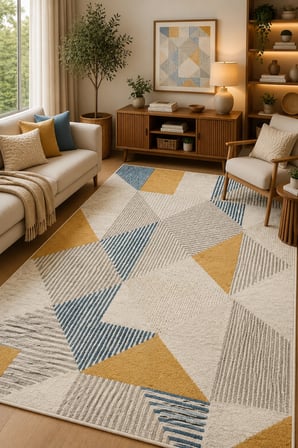 Modern Geometrik Desenli Kaymaz Taban Yıkanabilir Halı Salon Halısı Koridor Halısı Antre Halısı Hardal Mavi Dekoratif Halı İskandinav Tasarım Halı