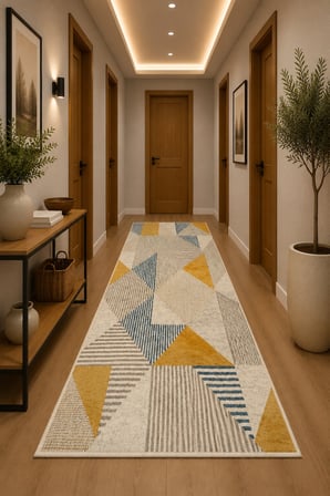 Modern Geometrik Desenli Kaymaz Taban Yıkanabilir Halı Salon Halısı Koridor Halısı Antre Halısı Hardal Mavi Dekoratif Halı İskandinav Tasarım Halı
