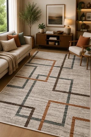 Modern Geometrik Kare Desenli Kaymaz Taban Yıkanabilir Halı Salon Halısı Koridor Halısı Antre Halısı Bej Kahve Dekoratif Halı Minimalist Çizgili Tasarım Halı