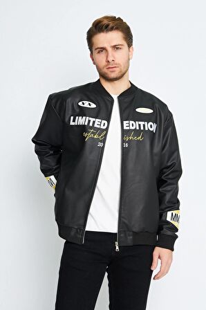 Unisex Oversize Deri HOMME Nakış İşlemeli Bomber Ceket