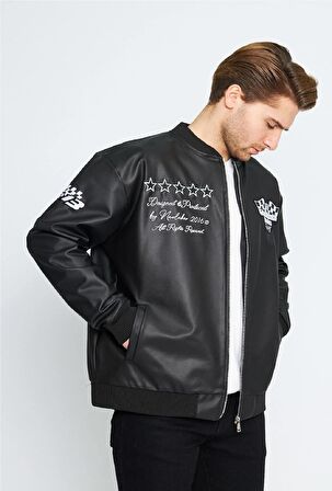 Unisex Oversize Suni Deri MOTOSPORT Astarlı Bomber Ceket