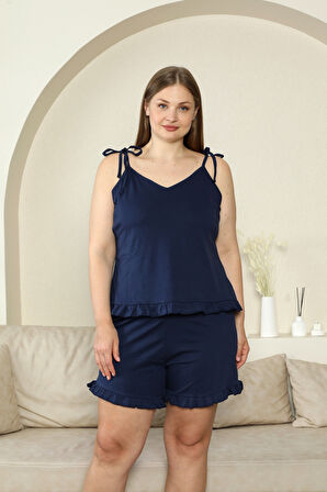 %100 Pamuk İp Askılı Büyük Beden Şortlu Kadın Pijama Takımı- Geniş Beden Aralığı