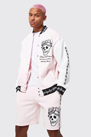 Unisex Oversize Pembe Kabaran Baskılı Bomber Kolej Ceket