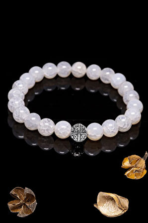 Sertifikalı Aaa+ Damarlı Beyaz Akik Taşı Bileklik - Gümüş Aparatlı