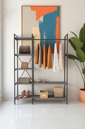 Nilamu Elbise Dolabı, Metal Aksamlı, Antrasit Gri, Açık Dolap, Organizer, Askılık 130*170*34 Cm