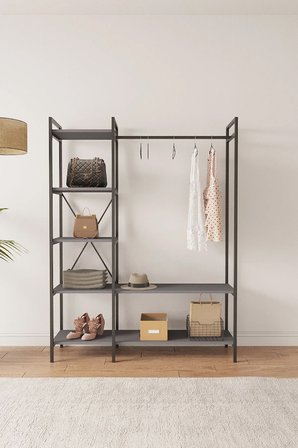 Nilamu Elbise Dolabı, Metal Aksamlı, Antrasit Gri, Açık Dolap, Organizer, Askılık 130*170*34 Cm