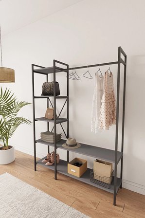 Nilamu Elbise Dolabı, Metal Aksamlı, Antrasit Gri, Açık Dolap, Organizer, Askılık 130*170*34 Cm