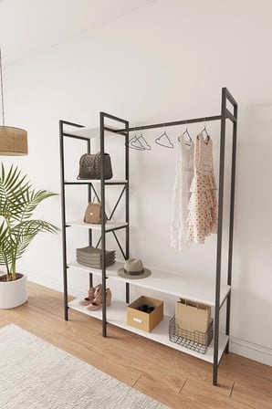 Nilamu Beyaz Elbise Dolabı | Metal Gövdeli Açık Askılık & Organizer Dolap 130×170×34 Cm